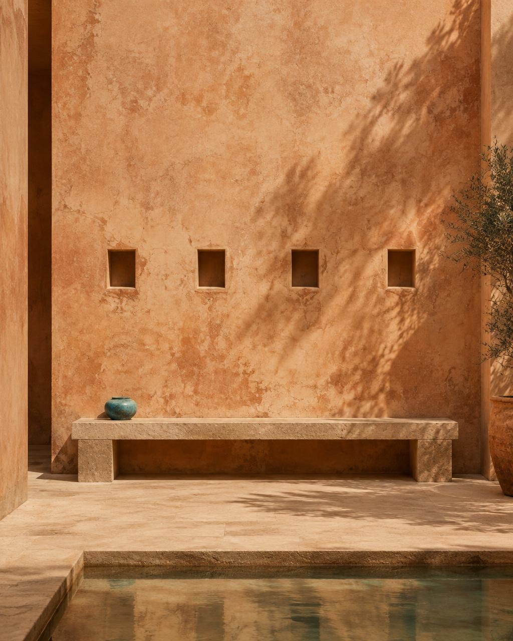Patio de piedra, agua y arquitectura bañada por el sol